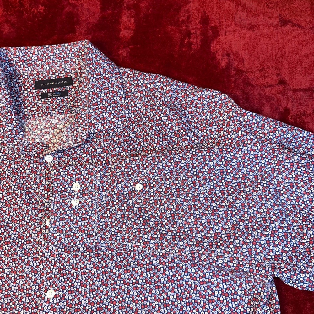 Tommy Hilfiger TH Flex Cool Athletic Fit Shirt Mens XL 17 34/35 Floral Red Blue